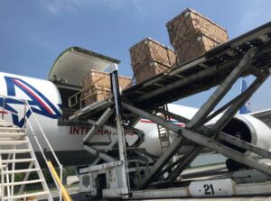 Palletized freight being loaded onto plane