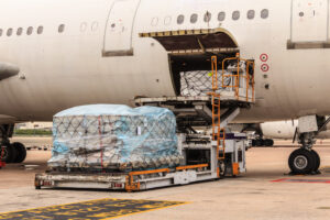 Freight being loaded into the belly of a commercial airplane.