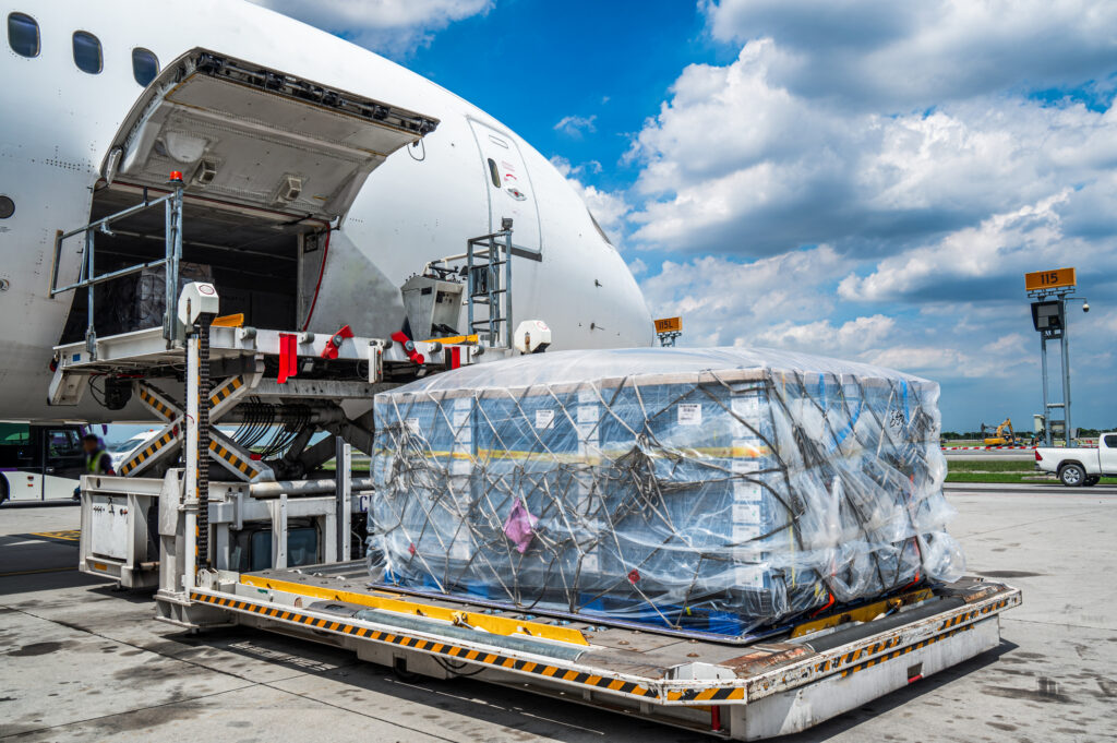 Perishable goods packaged and ready to be loaded onto aircraft.